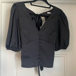 Abercrombie & Fitch black silk backless blouse with puff sleeves and bow detail